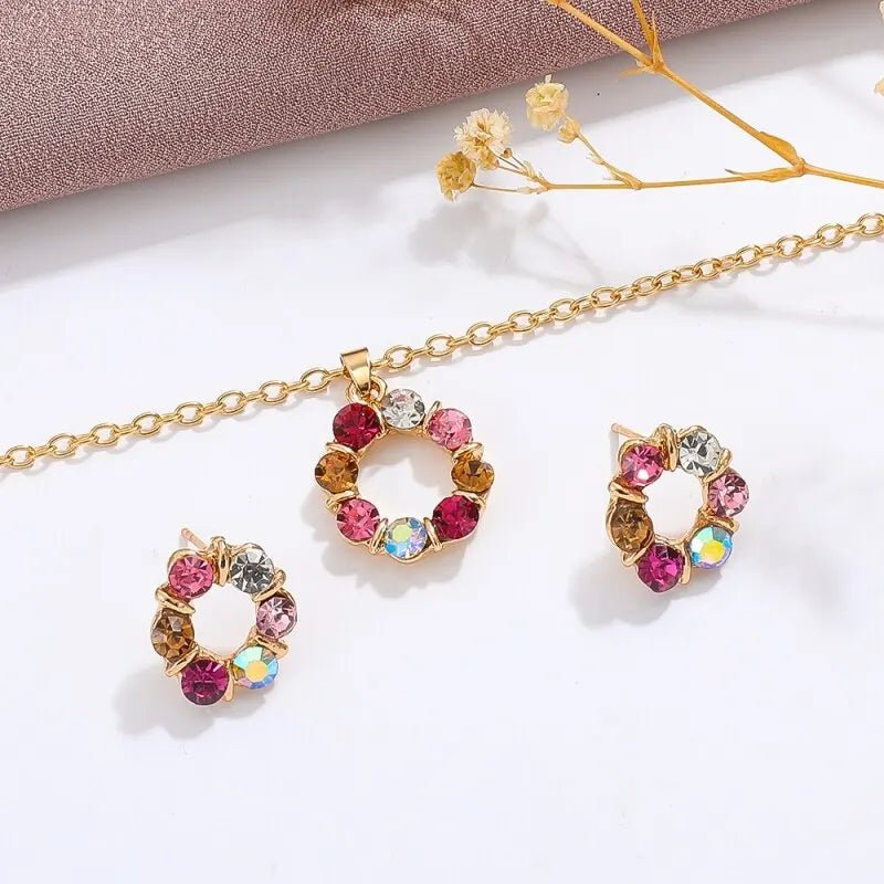 3pcs Gold Necklace Earrings Set Ladies Celebrity Simple Fashion Style Exquisite Stained Glass Diamond Circle Shape Jewelry - PrimeNest