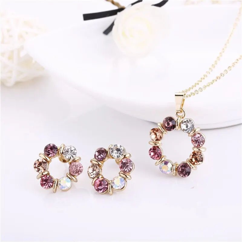 3pcs Gold Necklace Earrings Set Ladies Celebrity Simple Fashion Style Exquisite Stained Glass Diamond Circle Shape Jewelry - PrimeNest