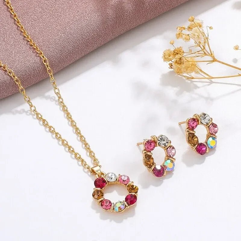 3pcs Gold Necklace Earrings Set Ladies Celebrity Simple Fashion Style Exquisite Stained Glass Diamond Circle Shape Jewelry - PrimeNest