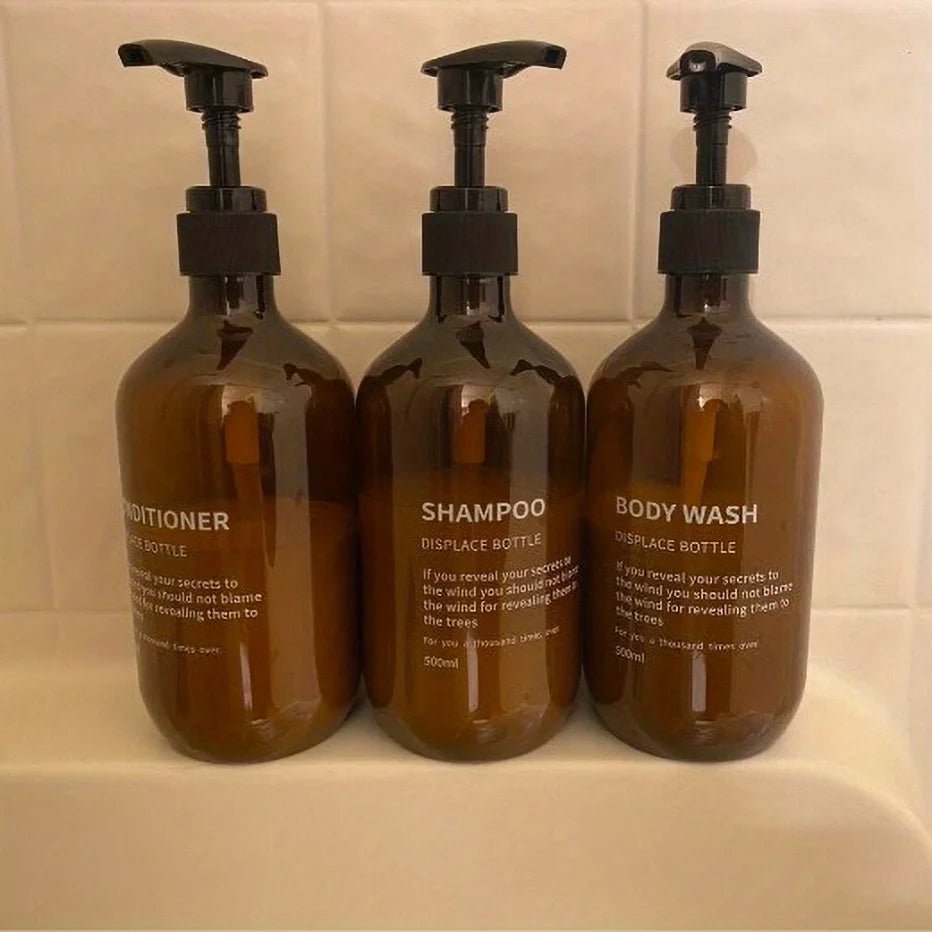 3pcs Waterproof Shampoo Conditioner Dispenser Set Reusable Pump Bottles for Shower Soap Body Wash Hair Care with Printed Label - PrimeNest