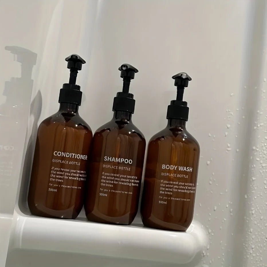 3pcs Waterproof Shampoo Conditioner Dispenser Set Reusable Pump Bottles for Shower Soap Body Wash Hair Care with Printed Label - PrimeNest