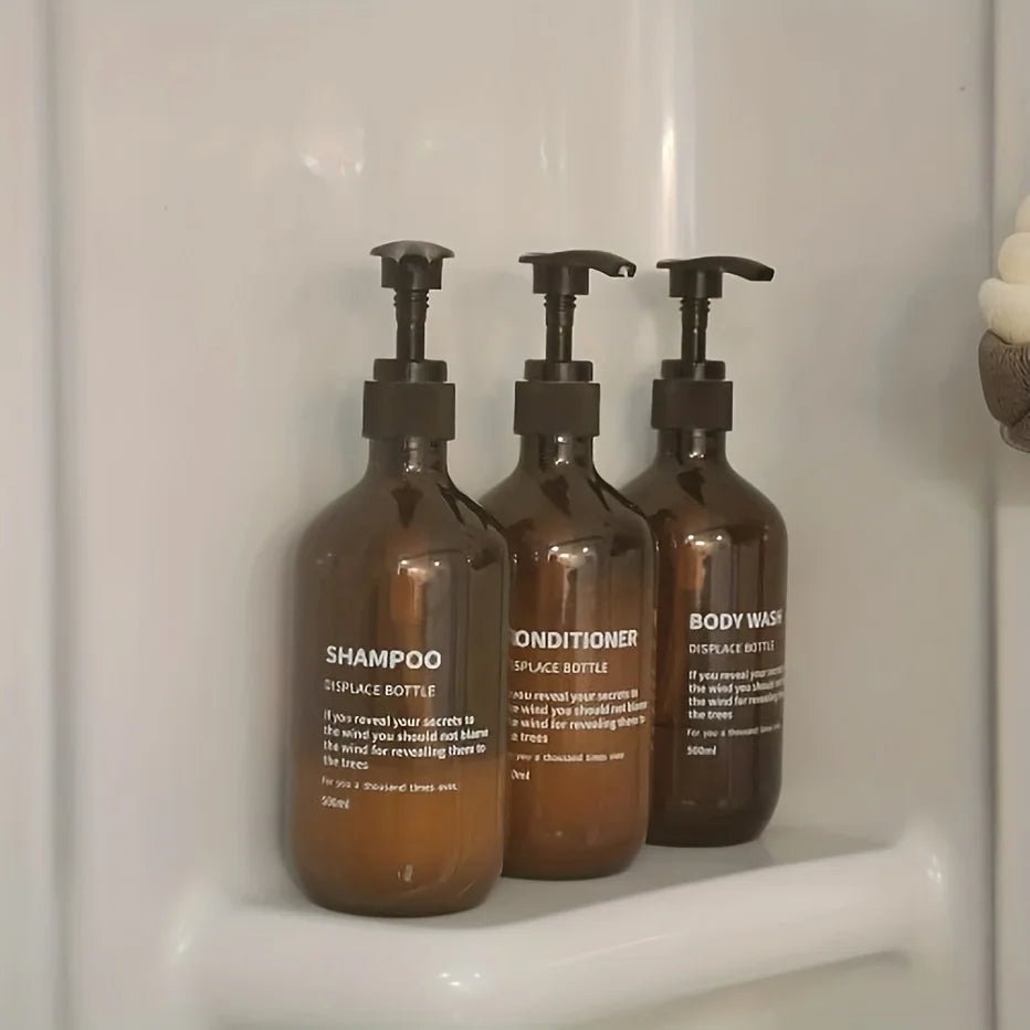 3pcs Waterproof Shampoo Conditioner Dispenser Set Reusable Pump Bottles for Shower Soap Body Wash Hair Care with Printed Label - PrimeNest