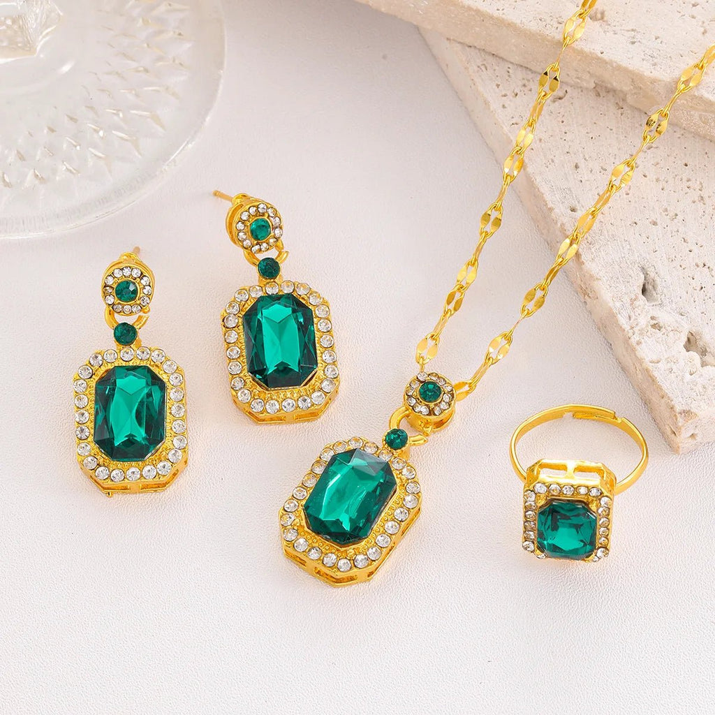 4 pieces of women's fashionable square jewelry necklace with earrings, ring set, banquet party, birthday gift accessories - PrimeNest