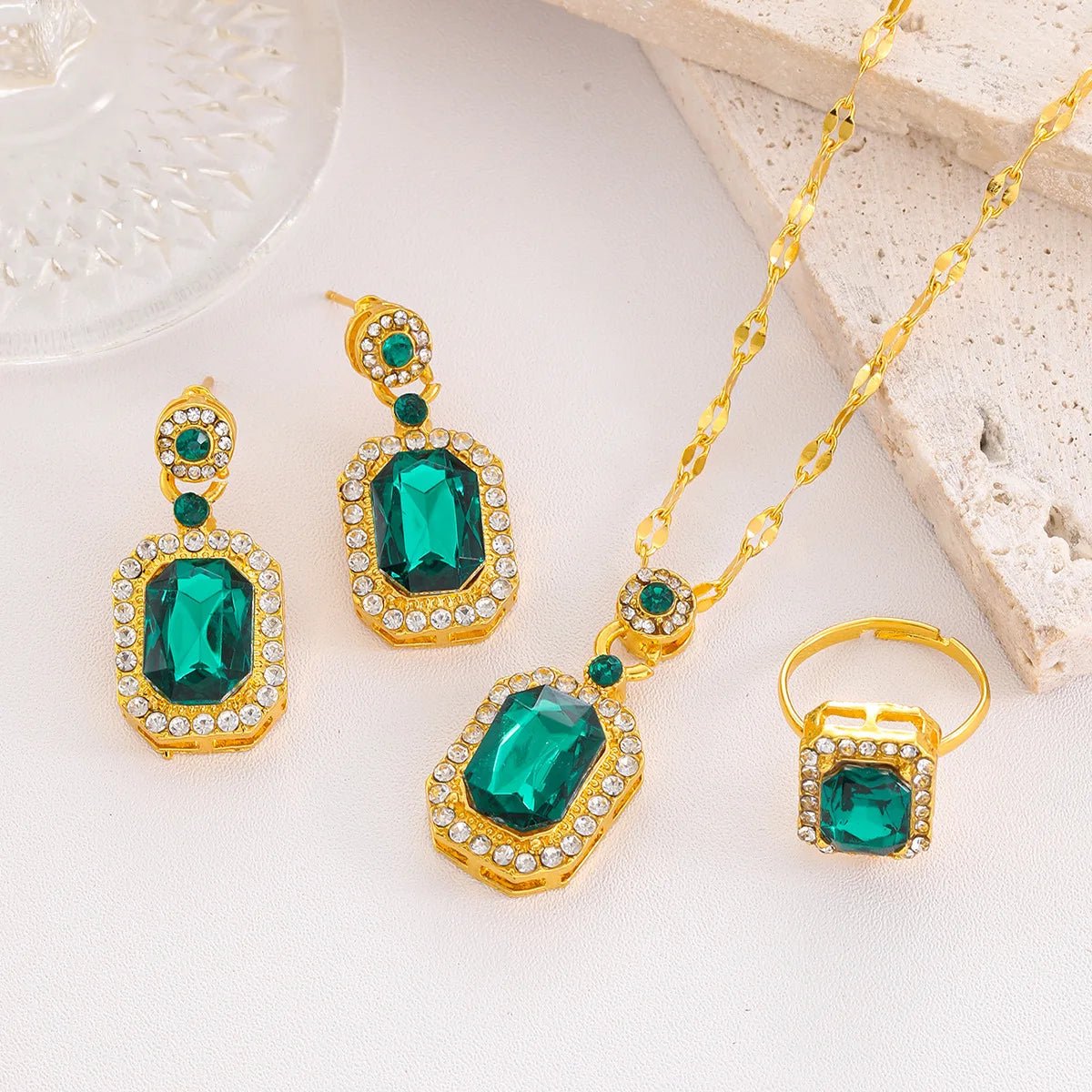 4 pieces of women's fashionable square jewelry necklace with earrings, ring set, banquet party, birthday gift accessories - PrimeNest