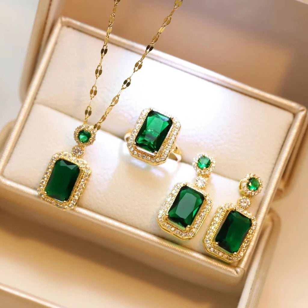 4 pieces of women's fashionable square jewelry necklace with earrings, ring set, banquet party, birthday gift accessories - PrimeNest