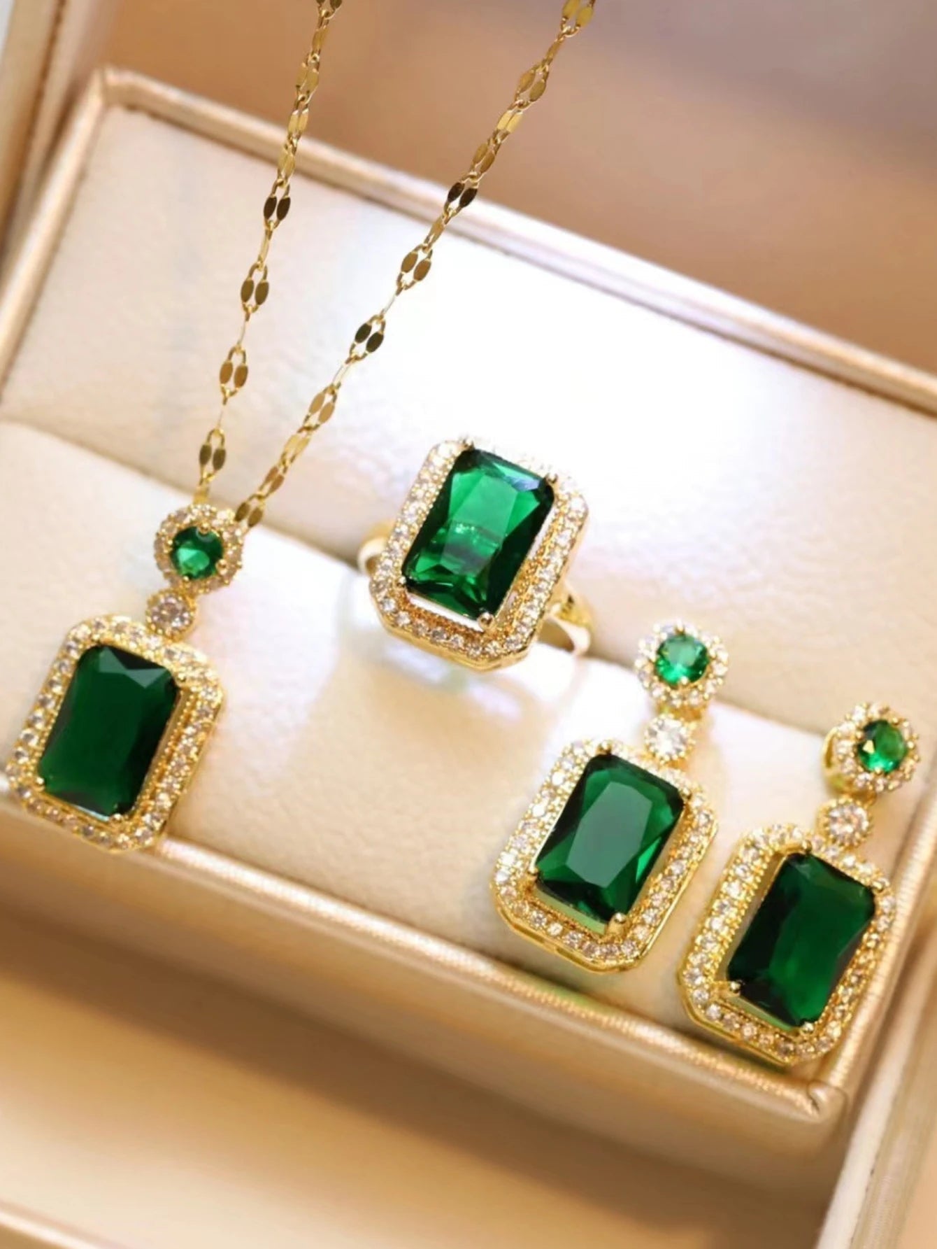 4 pieces of women's fashionable square jewelry necklace with earrings, ring set, banquet party, birthday gift accessories - PrimeNest