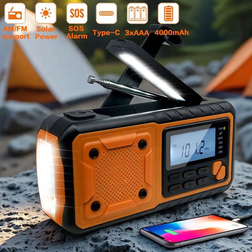 4000mAh Portable Emergency Solar Power Radio Hand Crank Charging AM/FM Weather Radio Led Reading Flashlight Bank Phone Charger - PrimeNest