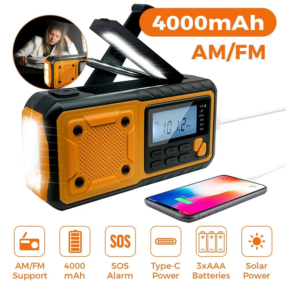 4000mAh Portable Emergency Solar Power Radio Hand Crank Charging AM/FM Weather Radio Led Reading Flashlight Bank Phone Charger - PrimeNest