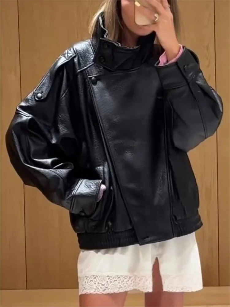 TFMLN Chic Black Faux Leather Jackets Women Long Sleeve Buttons Elastic Oversized Coats Fashion 2025 Autumn Winter Streetwear