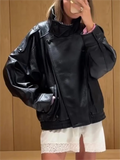 TFMLN Chic Black Faux Leather Jackets Women Long Sleeve Buttons Elastic Oversized Coats Fashion 2025 Autumn Winter Streetwear