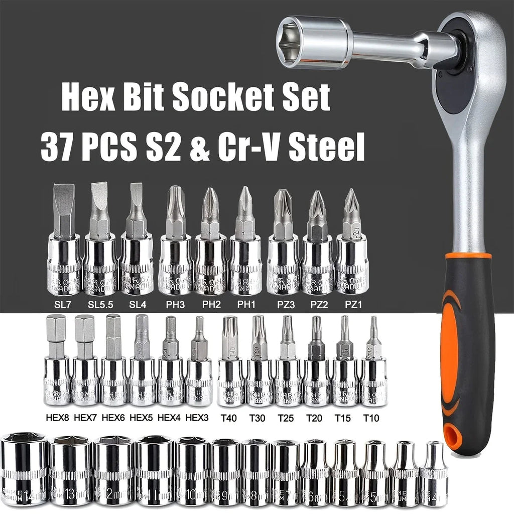 46Pcs Family Tools 1/4 Set Mechanic Tool Kits for Auto Repair Hous with Sockets Metric Hex Bit Socket Set inch Ratchet Wrench - PrimeNest