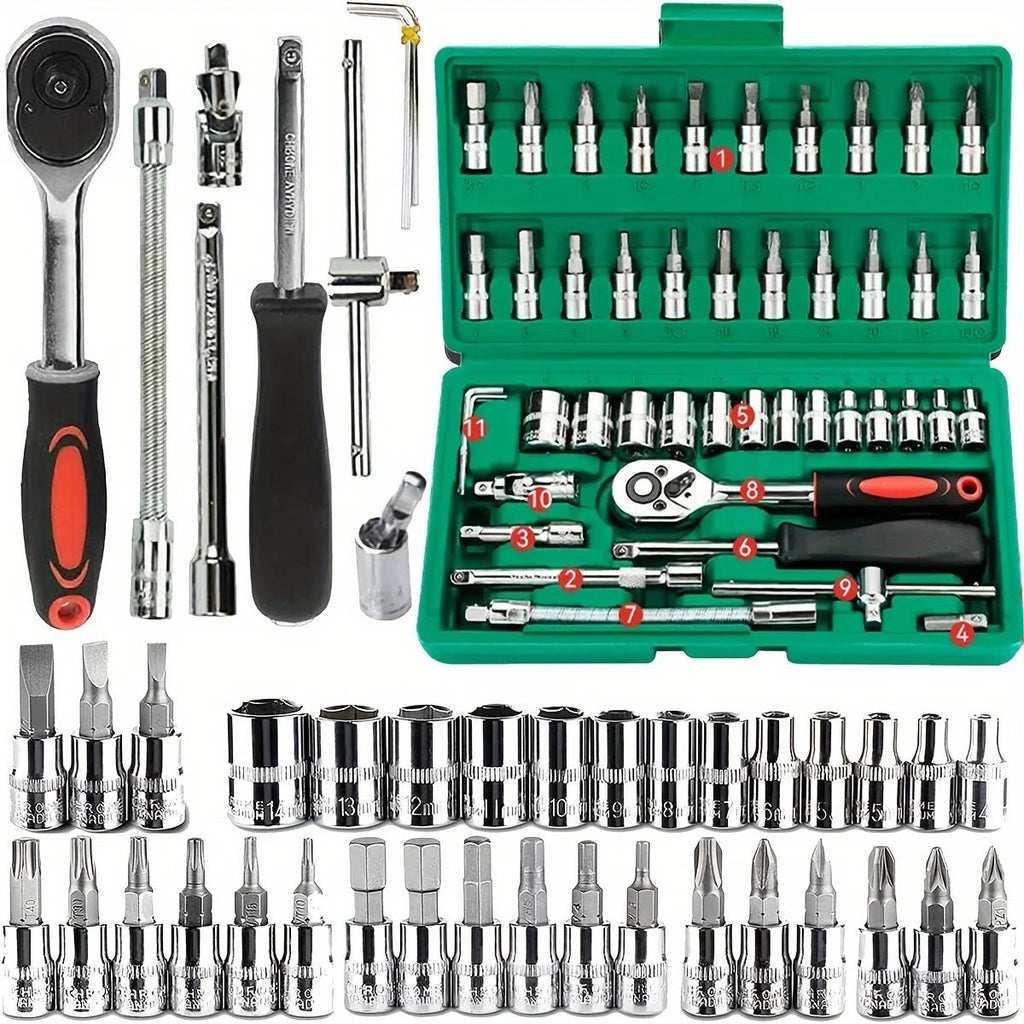 46Pcs Family Tools 1/4 Set Mechanic Tool Kits for Auto Repair Hous with Sockets Metric Hex Bit Socket Set inch Ratchet Wrench - PrimeNest
