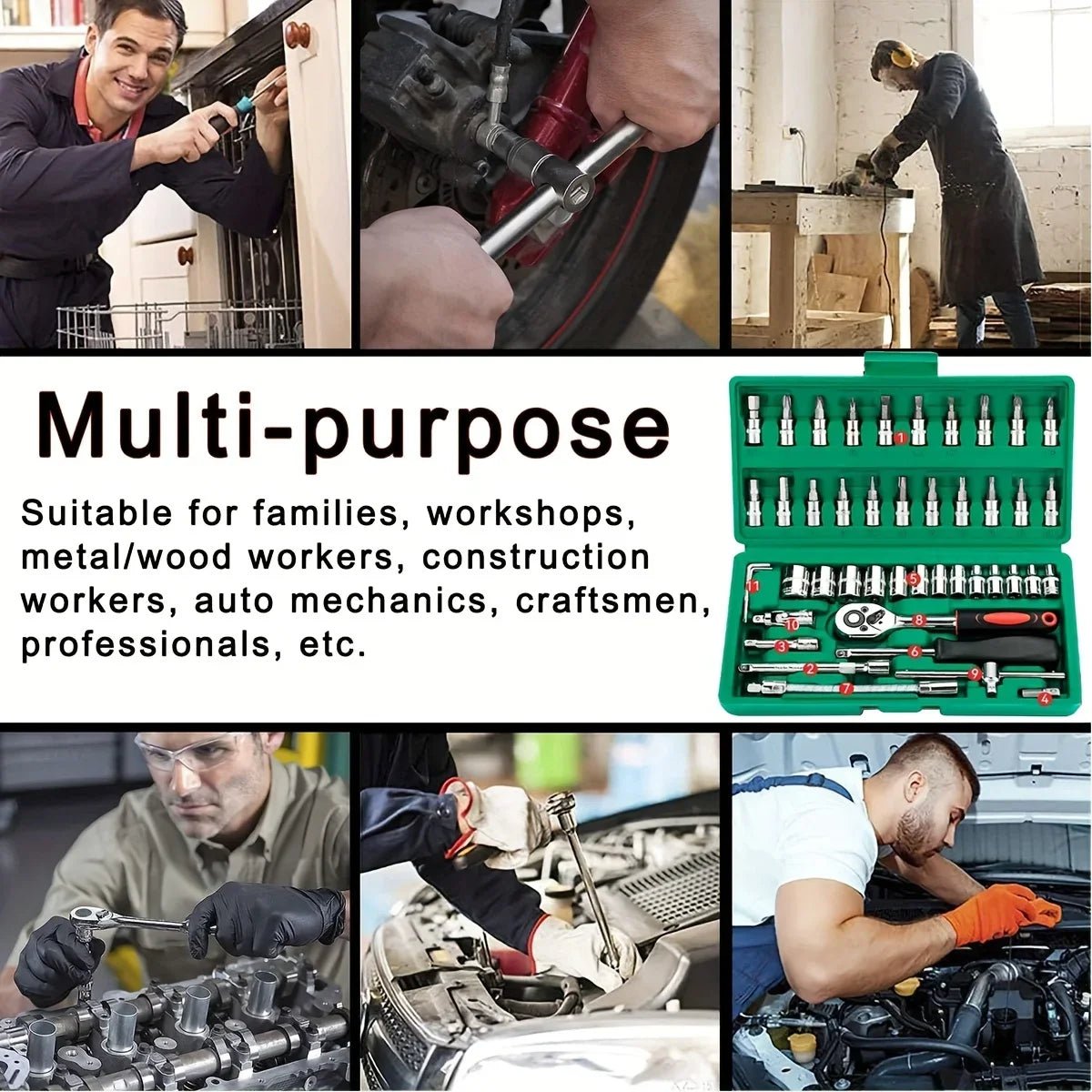 46Pcs Family Tools 1/4 Set Mechanic Tool Kits for Auto Repair Hous with Sockets Metric Hex Bit Socket Set inch Ratchet Wrench - PrimeNest