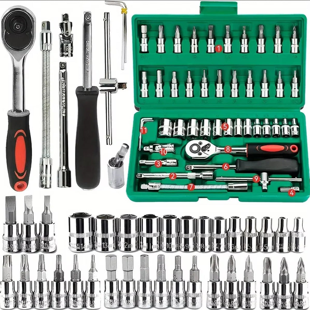 46Pcs Family Tools 1/4 Set Mechanic Tool Kits for Auto Repair Hous with Sockets Metric Hex Bit Socket Set inch Ratchet Wrench - PrimeNest