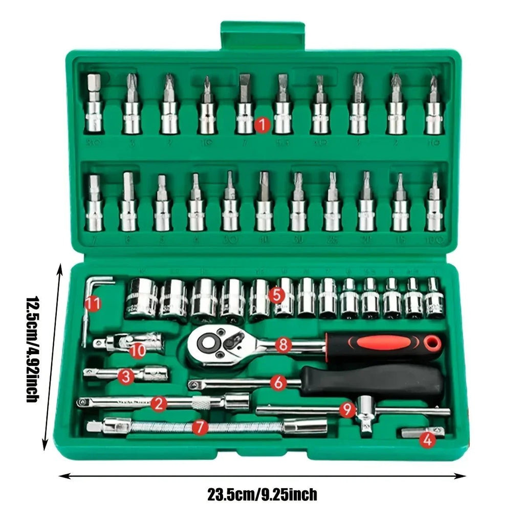 46Pcs Family Tools 1/4 Set Mechanic Tool Kits for Auto Repair Hous with Sockets Metric Hex Bit Socket Set inch Ratchet Wrench - PrimeNest