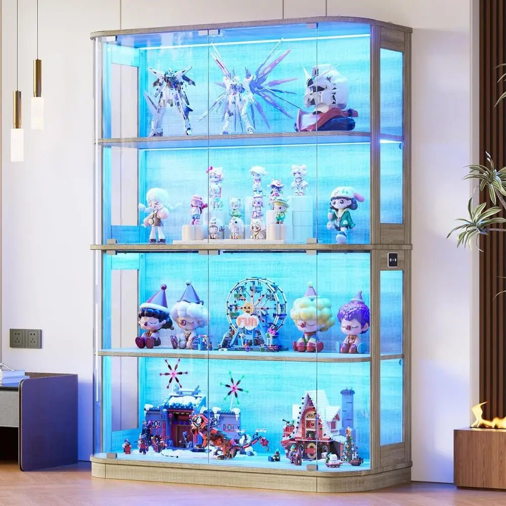 47.2 Glass-Door 4-Tier Display Cabinet with LED Lights, Touch-Open Doors, and Human Body Sensor for Collectibles and Artwork - PrimeNest