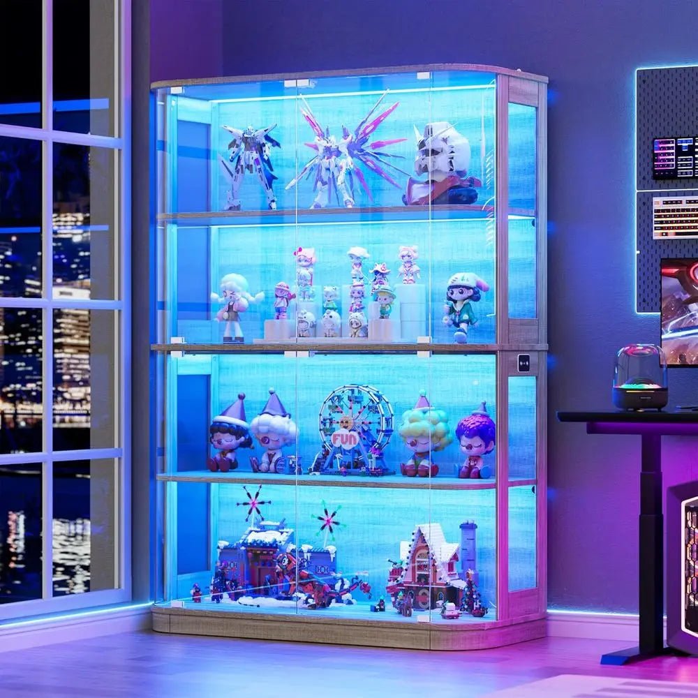 47.2 Glass-Door 4-Tier Display Cabinet with LED Lights, Touch-Open Doors, and Human Body Sensor for Collectibles and Artwork - PrimeNest