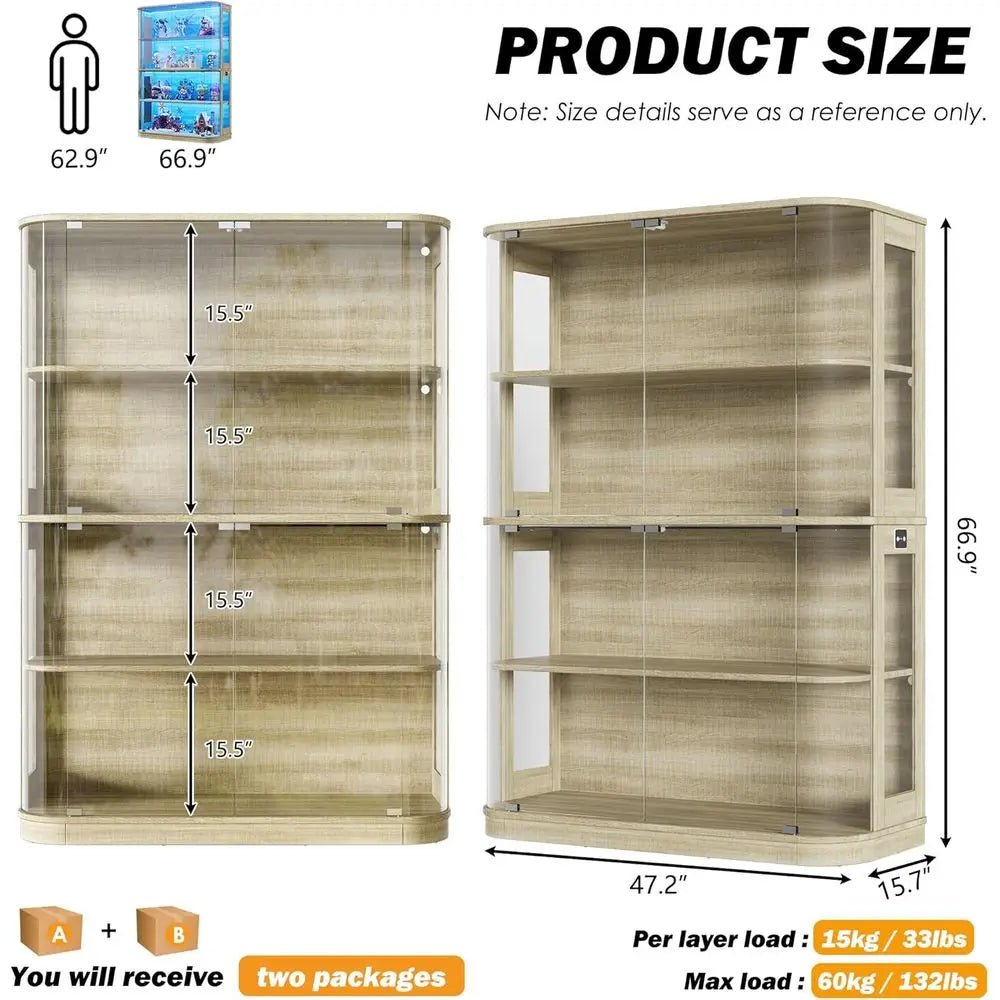 47.2 Glass-Door 4-Tier Display Cabinet with LED Lights, Touch-Open Doors, and Human Body Sensor for Collectibles and Artwork - PrimeNest
