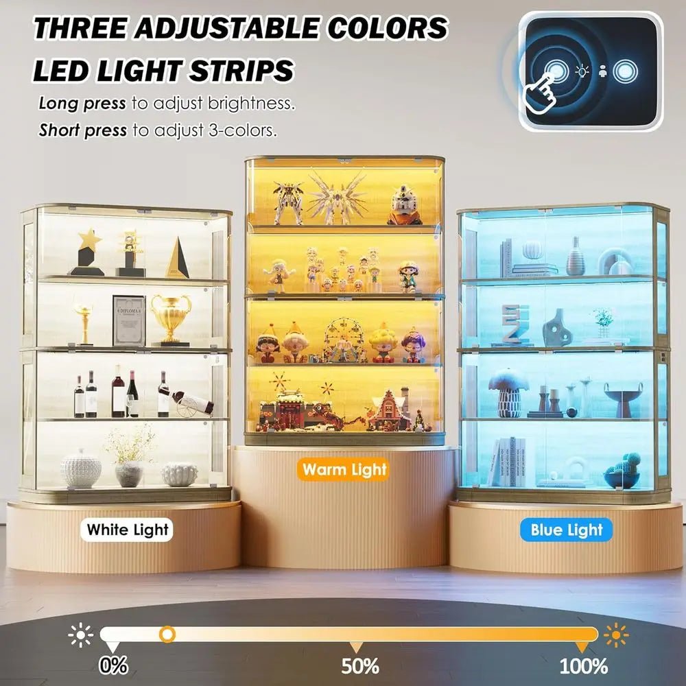 47.2 Glass-Door 4-Tier Display Cabinet with LED Lights, Touch-Open Doors, and Human Body Sensor for Collectibles and Artwork - PrimeNest