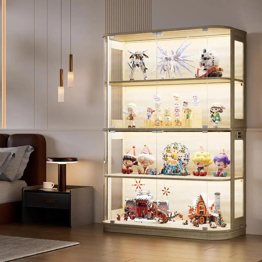 47.2 Glass-Door 4-Tier Display Cabinet with LED Lights, Touch-Open Doors, and Human Body Sensor for Collectibles and Artwork - PrimeNest