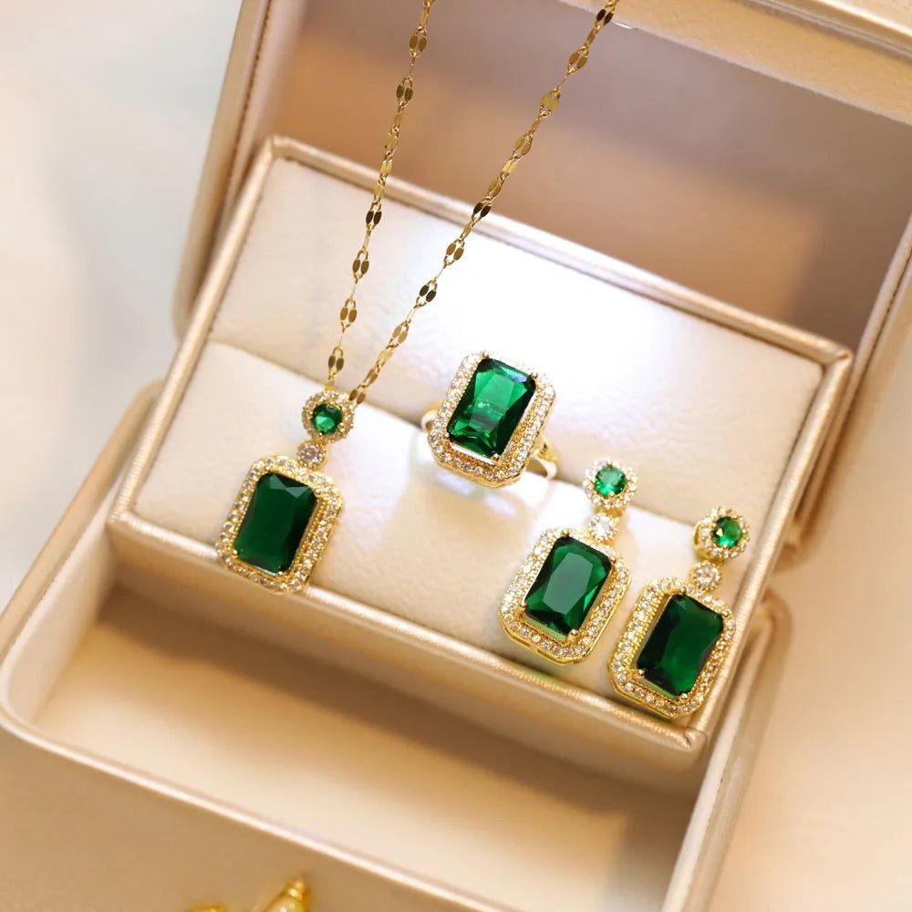 4PCS Sets Exquisite Quadrate Rhinestone Necklace Earrings Ring Jewelry Set Charm Ladies Jewelry Fashion Bridal Gifts - PrimeNest