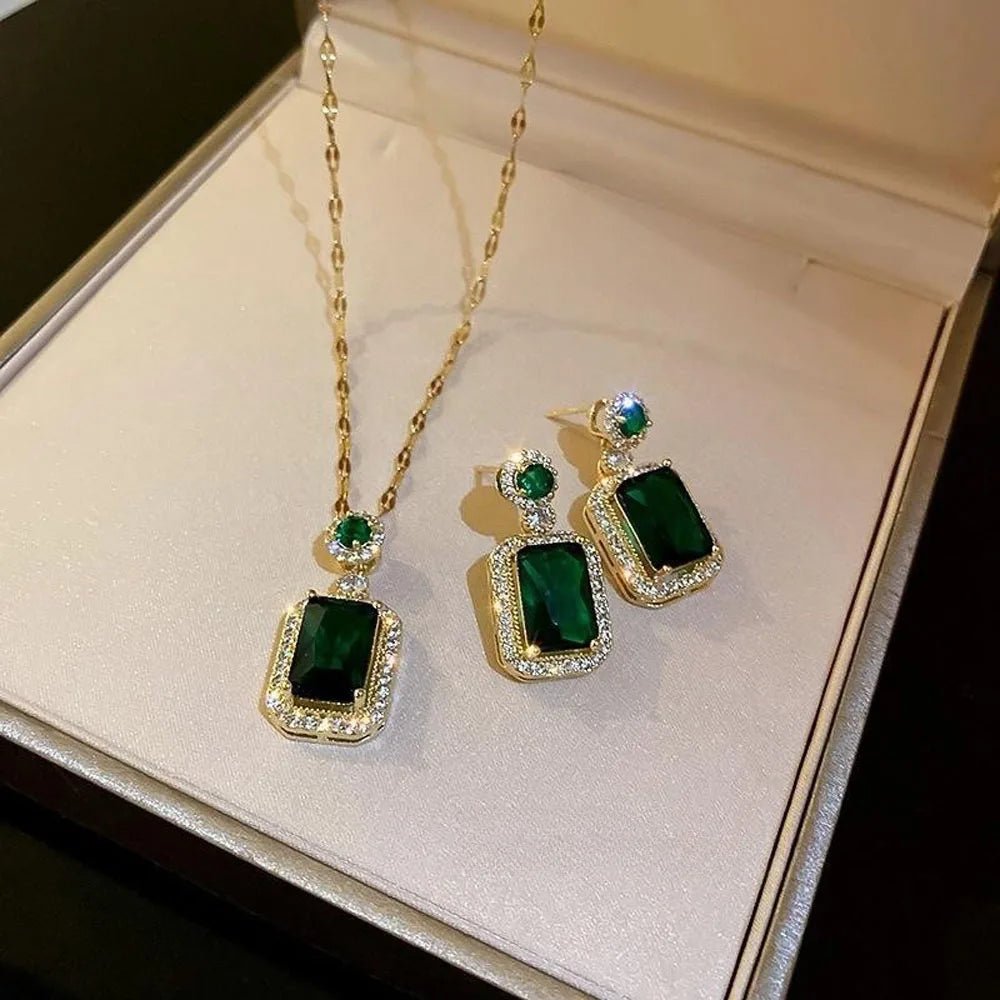4PCS Sets Exquisite Quadrate Rhinestone Necklace Earrings Ring Jewelry Set Charm Ladies Jewelry Fashion Bridal Gifts - PrimeNest