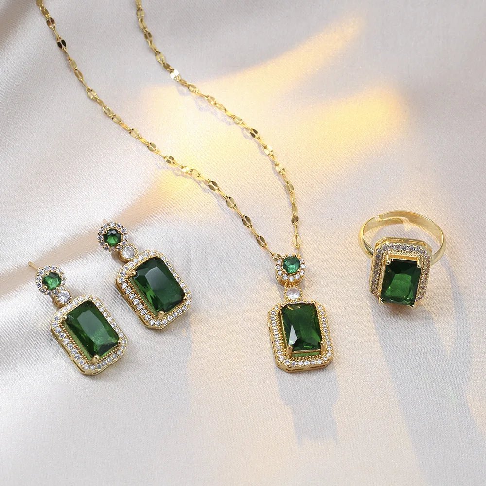 4PCS Sets Exquisite Quadrate Rhinestone Necklace Earrings Ring Jewelry Set Charm Ladies Jewelry Fashion Bridal Gifts - PrimeNest
