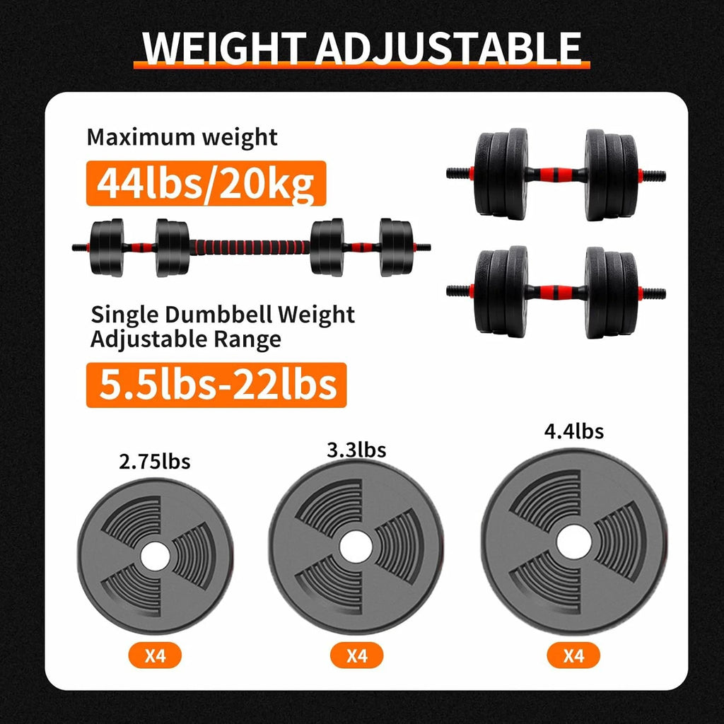 5-44lbs Adjustable Dumbbell to Barbell Set, Anti-Slip Grip, Versatile Home Gym Fitness Strength Training Barbell Weight Plates - PrimeNest