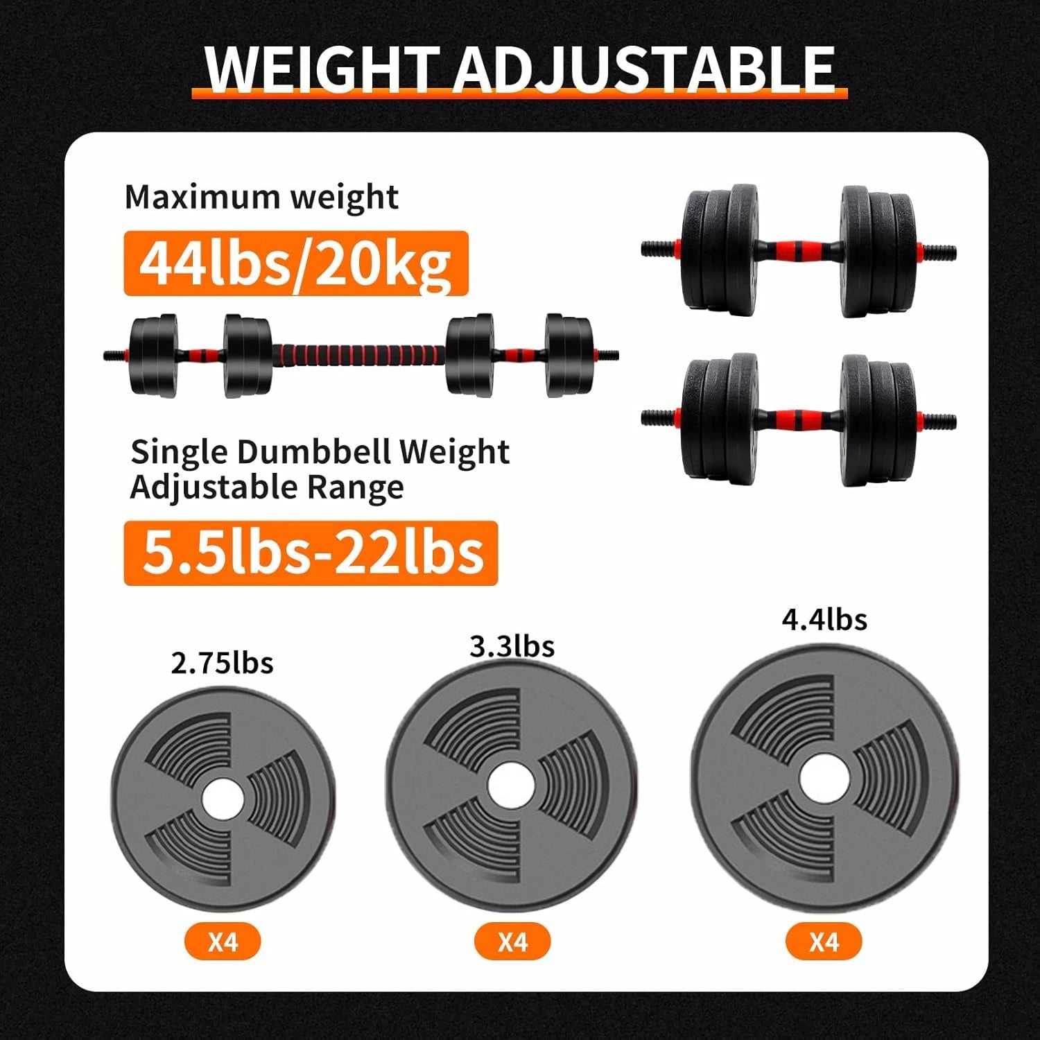 5-44lbs Adjustable Dumbbell to Barbell Set, Anti-Slip Grip, Versatile Home Gym Fitness Strength Training Barbell Weight Plates - PrimeNest