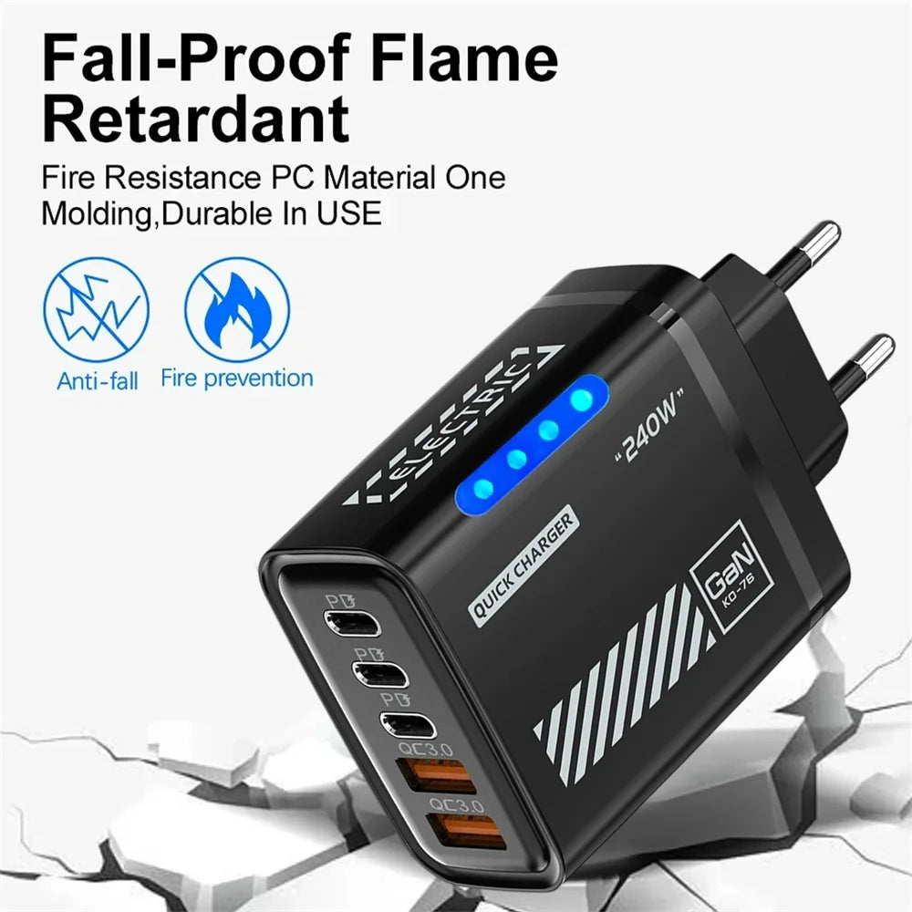 240W GaN 5 in 1 Desktop Charger USB C PD QC 3.0 Fast Charging Charger For MacBook iPhone 17 16 15 Pro Samsung Xiaomi EU US Plug