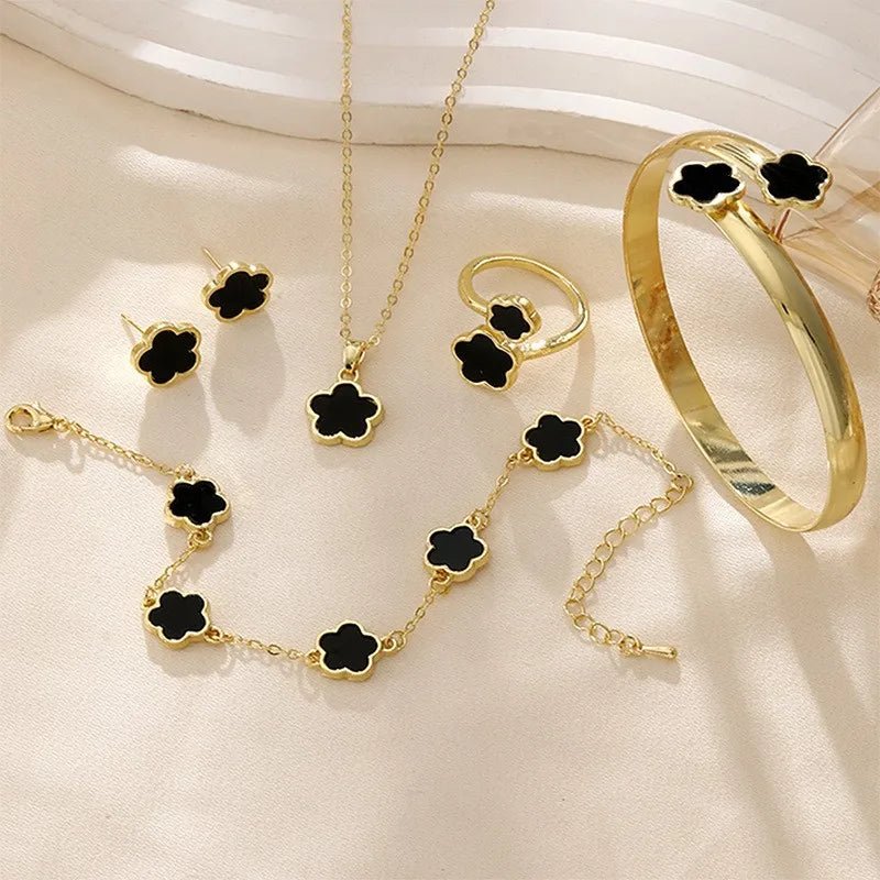 5pcs Lucky Five-petal Flower Women's Jewelry Set, Fashion Flower Bracelet + Necklace + Earrings + Bracelet + Ring, Birthday - PrimeNest