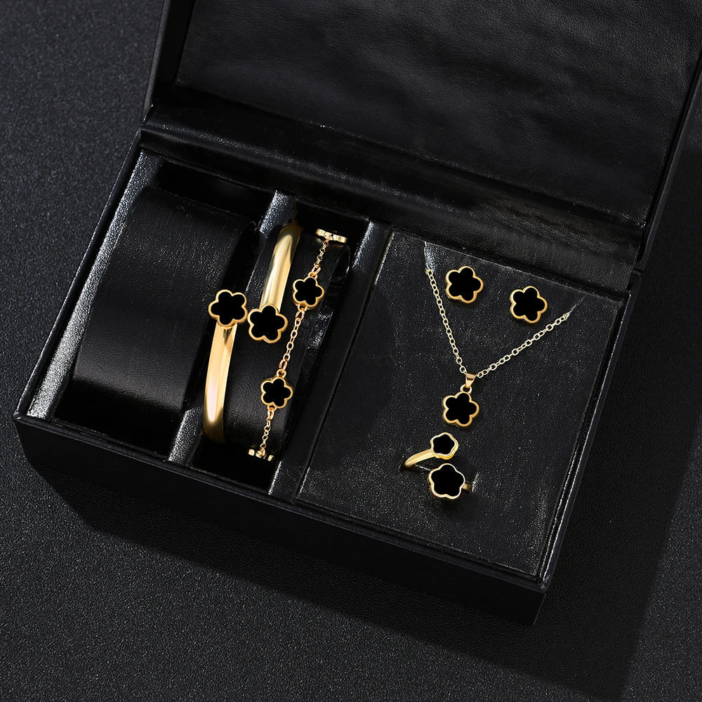 5pcs Lucky Five-petal Flower Women's Jewelry Set, Fashion Flower Bracelet + Necklace + Earrings + Bracelet + Ring, Birthday - PrimeNest