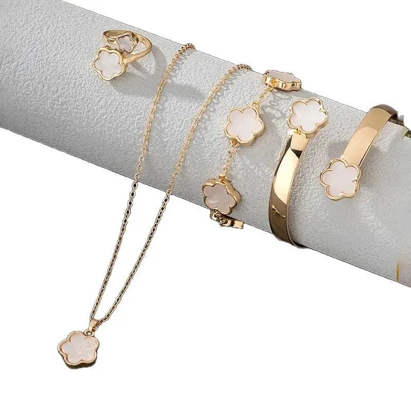 5pcs Lucky Five-petal Flower Women's Jewelry Set, Fashion Flower Bracelet + Necklace + Earrings + Bracelet + Ring, Birthday - PrimeNest