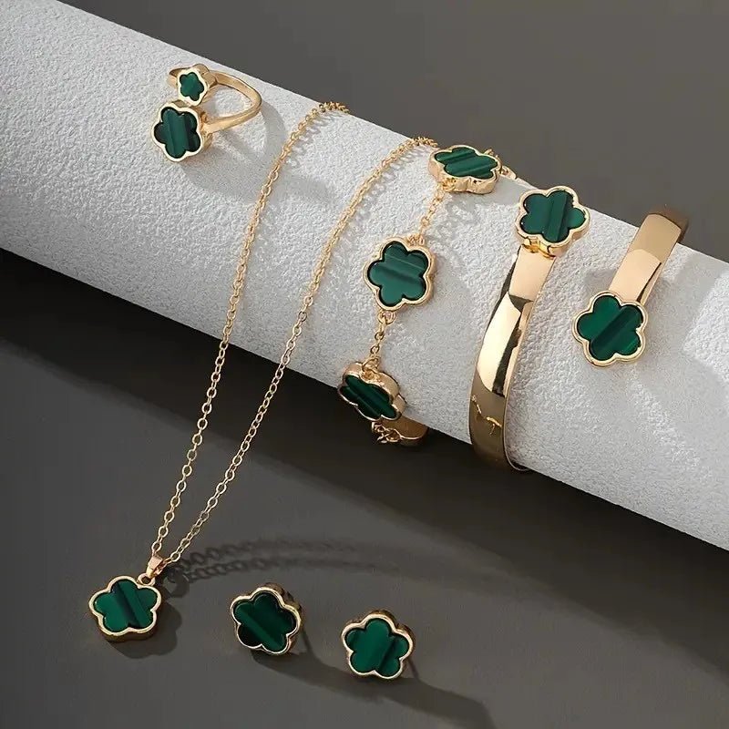 5pcs Lucky Five-petal Flower Women's Jewelry Set, Fashion Flower Bracelet + Necklace + Earrings + Bracelet + Ring, Birthday - PrimeNest
