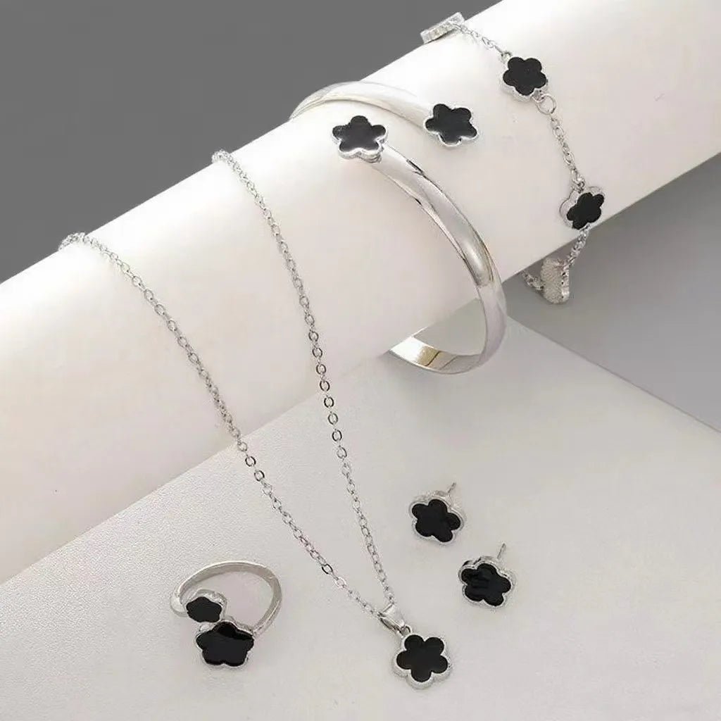 5pcs Lucky Five-petal Flower Women's Jewelry Set, Fashion Flower Bracelet + Necklace + Earrings + Bracelet + Ring, Birthday - PrimeNest