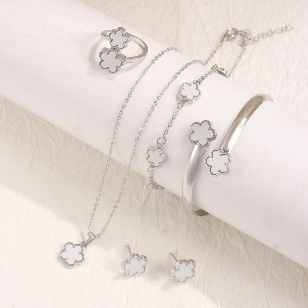 5pcs Lucky Five-petal Flower Women's Jewelry Set, Fashion Flower Bracelet + Necklace + Earrings + Bracelet + Ring, Birthday - PrimeNest