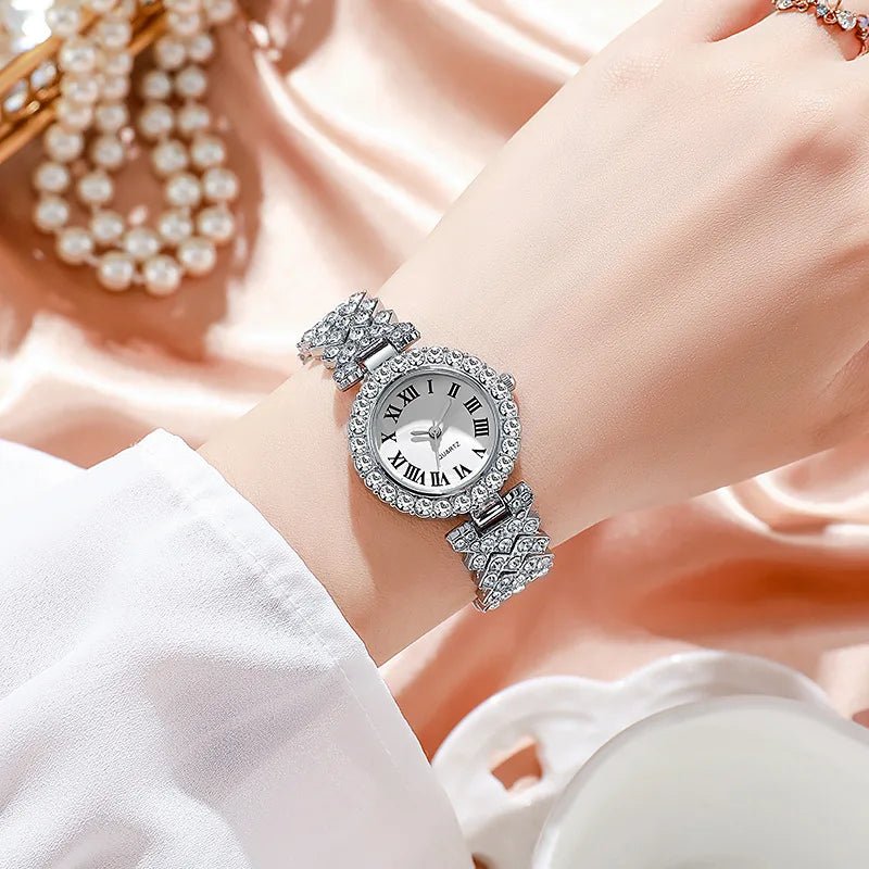 5PCS Luxury Rhinestone Women's Watch Jewelry Set Roman Quartz Wristwatch with Necklace Earrings Ring Reloj Mujer（Without Box） - PrimeNest