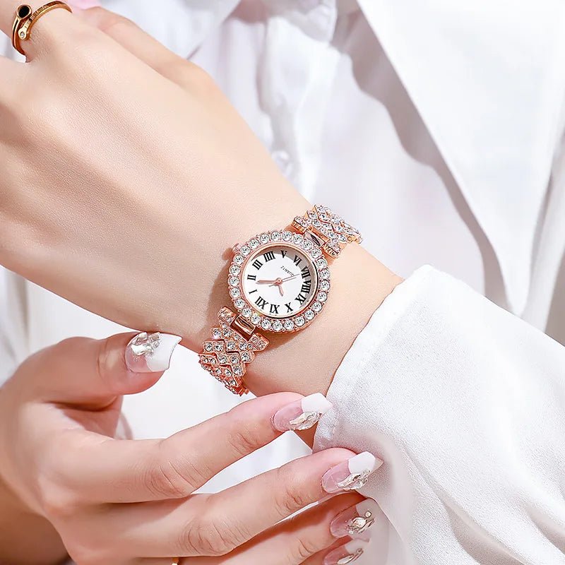5PCS Luxury Rhinestone Women's Watch Jewelry Set Roman Quartz Wristwatch with Necklace Earrings Ring Reloj Mujer（Without Box） - PrimeNest