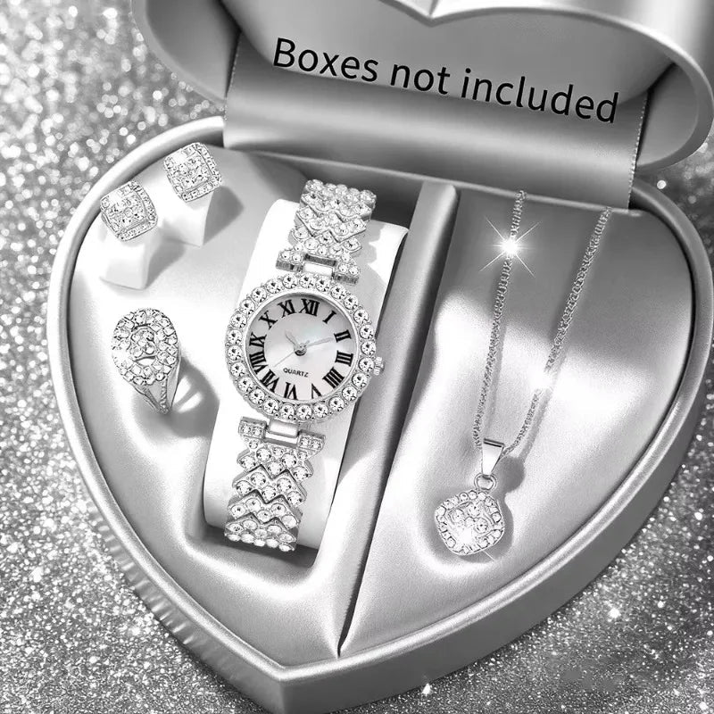 5PCS Luxury Rhinestone Women's Watch Jewelry Set Roman Quartz Wristwatch with Necklace Earrings Ring Reloj Mujer（Without Box） - PrimeNest