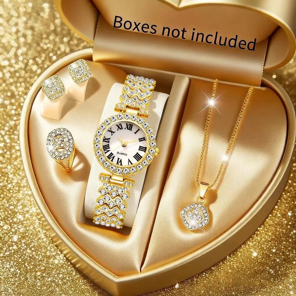 5PCS Luxury Rhinestone Women's Watch Jewelry Set Roman Quartz Wristwatch with Necklace Earrings Ring Reloj Mujer（Without Box） - PrimeNest