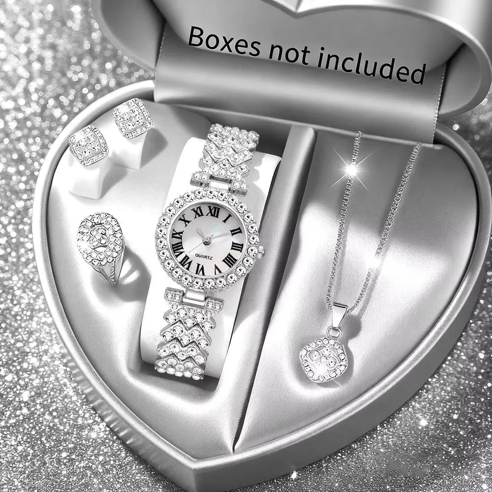 5PCS Luxury Rhinestone Women's Watch Jewelry Set Roman Quartz Wristwatch with Necklace Earrings Ring Reloj Mujer（Without Box） - PrimeNest