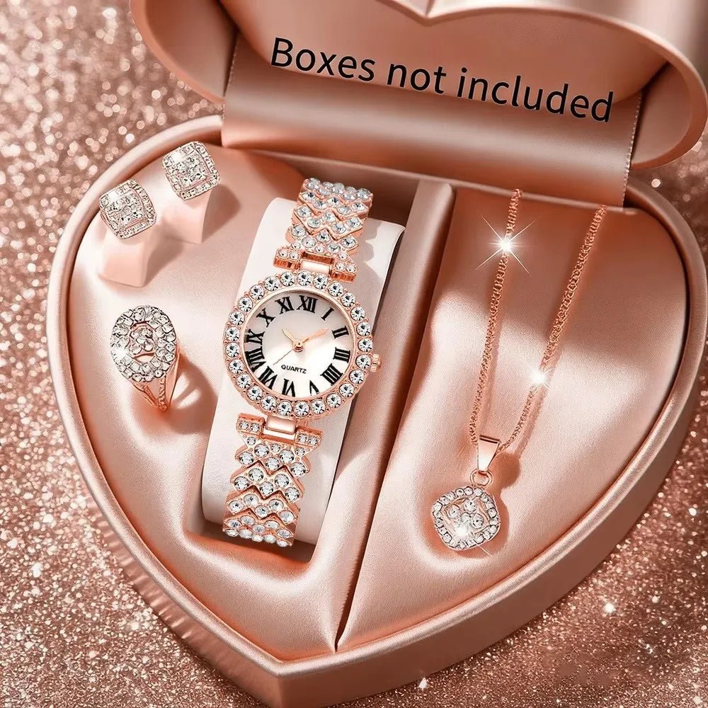 5PCS Luxury Rhinestone Women's Watch Jewelry Set Roman Quartz Wristwatch with Necklace Earrings Ring Reloj Mujer（Without Box） - PrimeNest