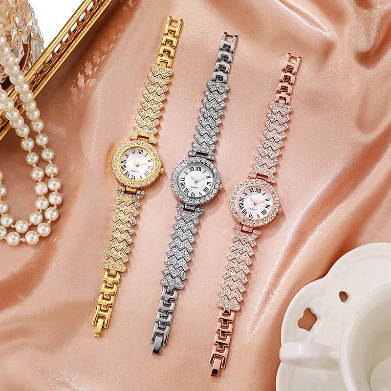 5PCS Luxury Rhinestone Women's Watch Jewelry Set Roman Quartz Wristwatch with Necklace Earrings Ring Reloj Mujer（Without Box） - PrimeNest