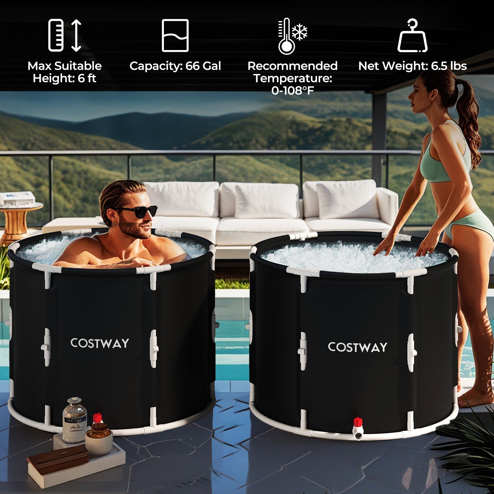 66 Gal Foldable Ice Bath Tub with Lid for Adult - PrimeNest