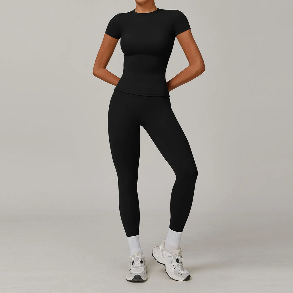 Women  Yoga Set 2PCS Workout Set Sportswear Gym Clothing Fitness Long Sleeve High Waist Leggings Cycling Shorts Sports Suits