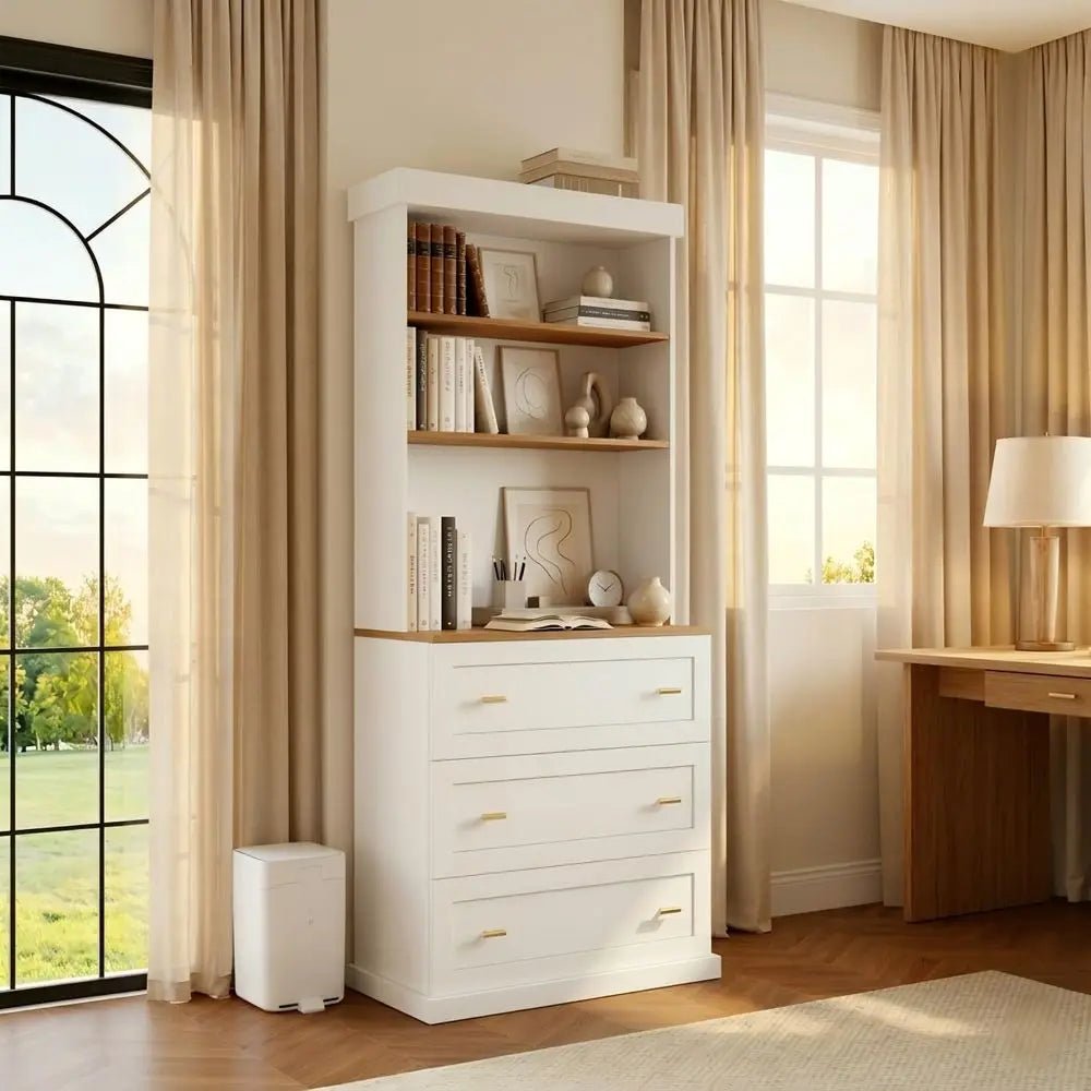 71 High White Wooden Bookshelf with Adjustable Shelves and Open Storage for Living Room or Office - PrimeNest