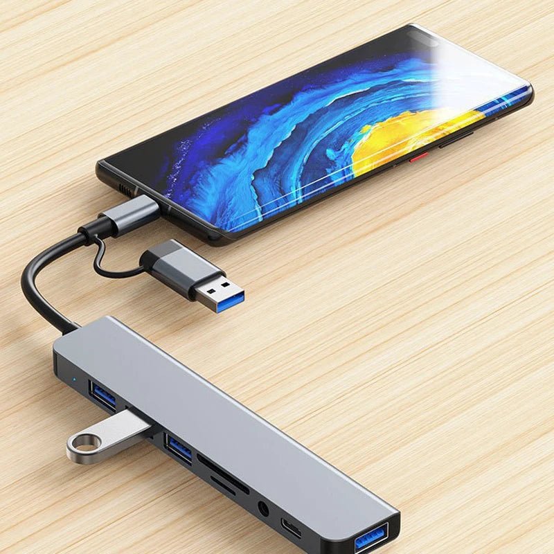 8 in 2 USB +Type C HUB Docking Station with 3.5mm Audio Jack Adapter for Micro SD Card Reader Laptop Tablet Phone Disk Converter - PrimeNest