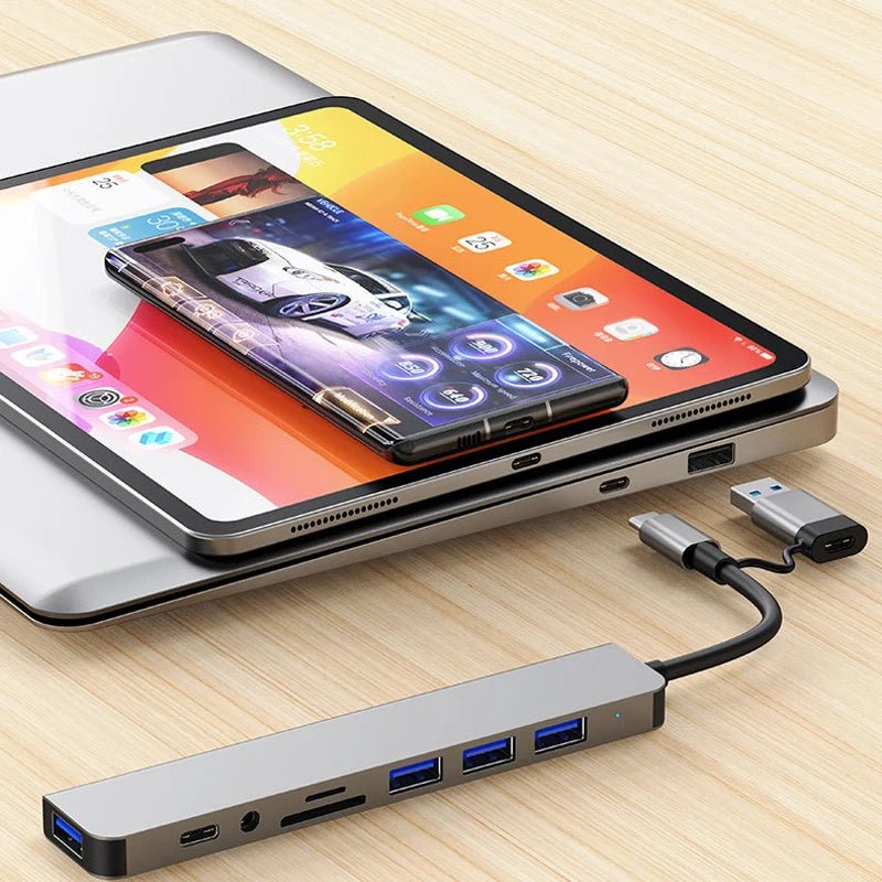 8 in 2 USB +Type C HUB Docking Station with 3.5mm Audio Jack Adapter for Micro SD Card Reader Laptop Tablet Phone Disk Converter - PrimeNest