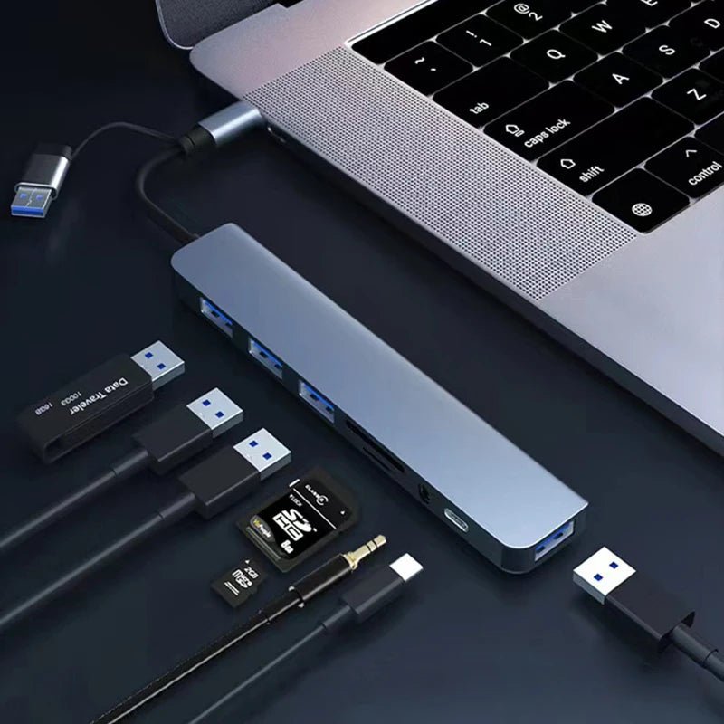 8 in 2 USB +Type C HUB Docking Station with 3.5mm Audio Jack Adapter for Micro SD Card Reader Laptop Tablet Phone Disk Converter - PrimeNest