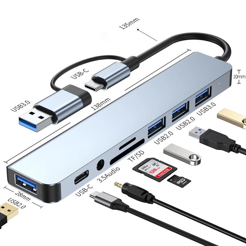 8 in 2 USB +Type C HUB Docking Station with 3.5mm Audio Jack Adapter for Micro SD Card Reader Laptop Tablet Phone Disk Converter - PrimeNest